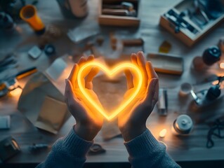Poster - Illuminated Heart Symbol Held by Hands Against a Creative Workspace Surrounded by Art Supplies and Personal Items, Radiating Warmth and Emotion in a Cozy Setting