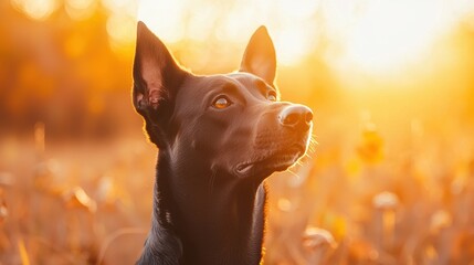 Canvas Print - Black Dog with Alert Expression in Warm Golden Sunset Light