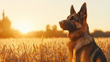 Canvas Print - Majestic German Shepherd in a Field at Sunset Moment Captured