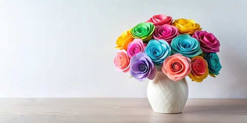 Wall Mural - A delicate arrangement of colorful paper roses in a floral vase against a plain white background, home decor