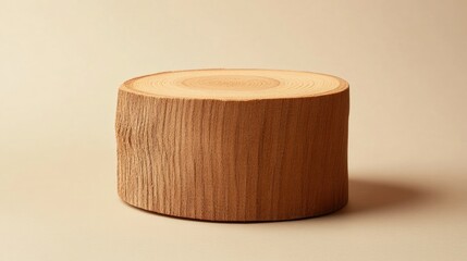 Poster - Round wooden log slice cylinder on a soft beige background ideal for product presentation or decorative display concepts.