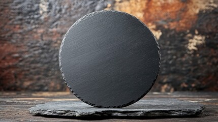 Poster - Round slate board on rustic wooden background for creative display or text placement showcasing textures and simplicity