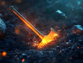 Poster - An Enchanting Image of a Glowing Axe Embedded in Dark Soil Surrounded by Sparkling Particles, Representing Adventure and Fantasy in an Ethereal Environment