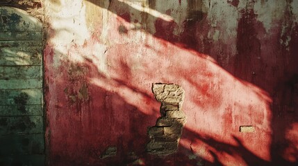 Poster - Weathered red brick wall with textured surface and shadow play from natural light creating a vintage ambiance in urban settings.