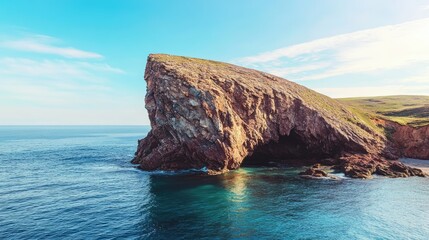 Poster - Majestic rocky coastline with clear blue sea and bright summer sky creating a stunning natural landscape in a coastal setting