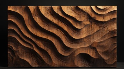 Poster - Textured wooden surface with flowing wave patterns and rich brown hues showcasing natural craftsmanship and artistry in woodwork.