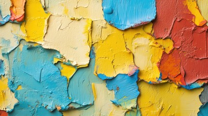 Poster - Colorful textured paint peeling background in vibrant hues of yellow, blue and red for creative design projects and artistic themes