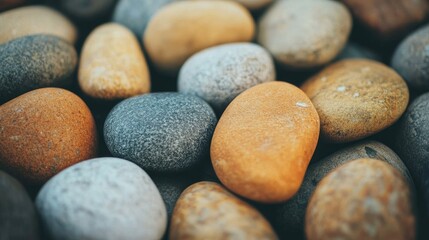 Poster - Natural smooth round stones in various earth tones creating an abstract textured background suitable for design and artistic purposes.