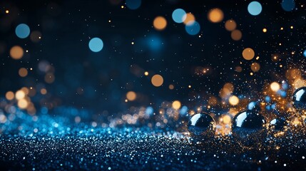 Poster - Sparkling Blue and Gold Light Particles Create a Mesmerizing Background With Shimmering Spheres Amid a Dark Setting at Night