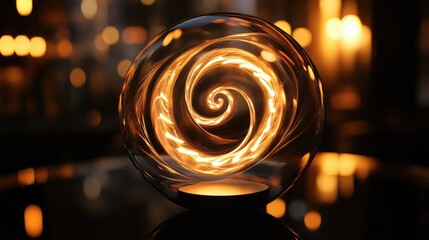 Poster - Elegant round incandescent lamp with a glowing spiral filament against a moody dark background showcasing warm illumination and artistic design.
