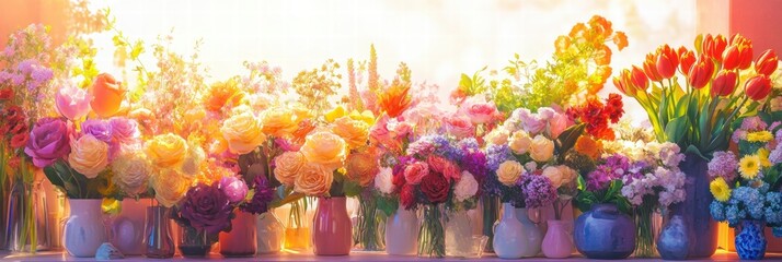 Poster - Colorful display of bouquets featuring roses, tulips, and daisies arranged beautifully in pastel vases. Generative AI