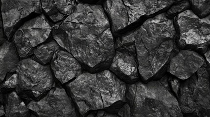Poster - Textured rock wall with dark rough stones creating a rugged and natural backdrop ideal for backgrounds and architectural designs
