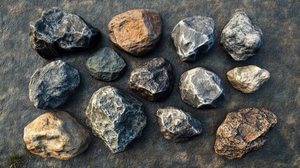 Poster - Variety of textured round rocks arranged artistically on a natural surface background for landscaping and design concepts