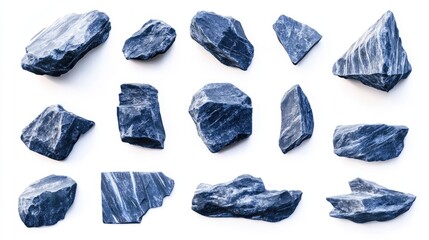 Poster - Natural blue stones collection in various shapes and textures isolated on white background for use in design and creative projects