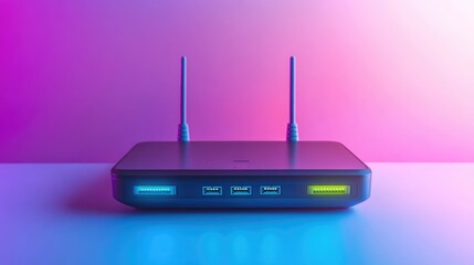 Modern wireless router with LED indicators and network cables against a vibrant gradient background showcasing technology and connectivity.