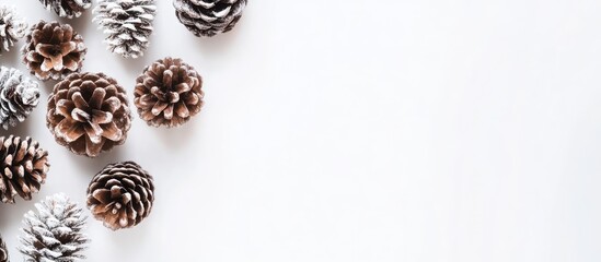 Poster - Decorative brown pine cones on a white background ideal for modern home interior design concepts and seasonal wreath creations with copy space