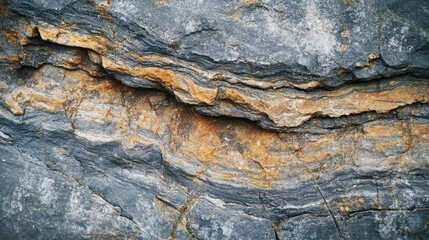 Poster - Textured rocky surface showcasing layers of gray and orange hues ideal for backgrounds in design and natural themes.