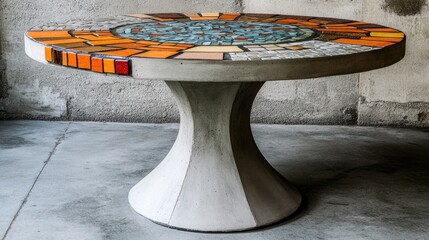 Poster - Round concrete table featuring a vibrant mosaic design made of colorful tiles and bricks set against a textured wall backdrop.
