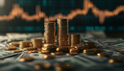 Poster - Stacks of Coins on Dollar Bills With Fluctuating Stock Market Graph in Background Highlighting Financial Investment Trends