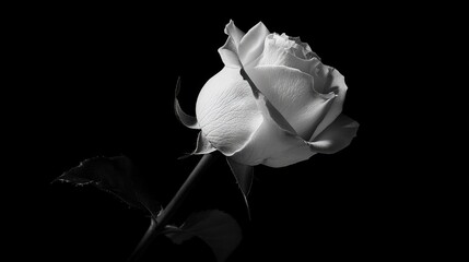 Poster - Elegant black and white rose in dim light showcasing delicate petals and smooth curves on a contrasting dark background.