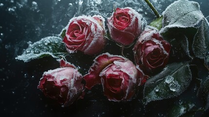 Poster - frozen roses encased in ice with a dark background and glimmers of light creating a captivating and 