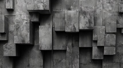 Poster - abstract gray cement block wall with varied textures and geometric shapes suitable for backgrounds or design projects