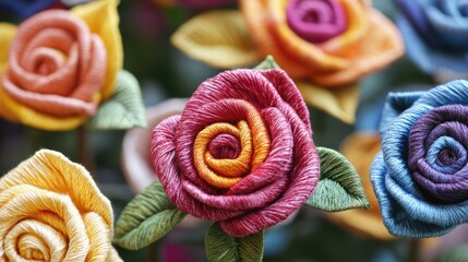 Poster - Colorful yarn roses intricately crafted showcasing vibrant hues and artistic floral design ideal for home decor or creative projects
