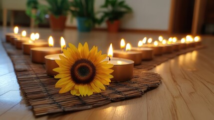 Poster - Candles and sunflower arrangement on a decorative mat creating a warm and inviting atmosphere in a serene indoor setting