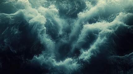 Poster - Powerful tumultuous ocean waves crashing creating dramatic swirling patterns in deep blue waters showcasing nature's raw energy and beauty