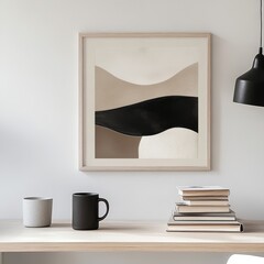 Poster - Modern Minimalist Artwork Displayed on a Light-Colored Wall in a Cozy Interior Setting With Mugs and Stacked Books Nearby