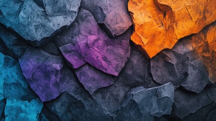 Poster - Colorful rough cut rock background featuring dark tones of orange, gray, purple, and blue for natural design and texture applications.