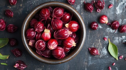 Poster - Freshly harvested Roselle and Chinese jujube vibrant red herbs in a rustic bowl on a dark textured background