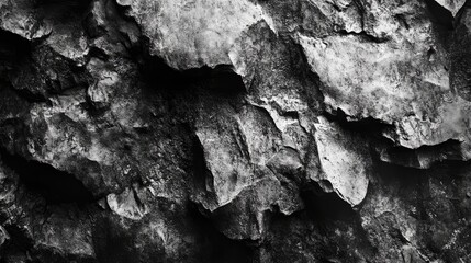 Poster - textured black and white rough rock stone surface with layered patterns and natural weathering details