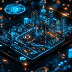 Poster - Digital Cityscape Illuminated by Blue Lights on a Circuit Board at Night Showcasing Advanced Technology in a Futuristic Setting