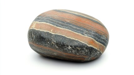 Poster - Round multicolored striped stone isolated on white background showcasing natural texture and patterns for decoration or design elements.