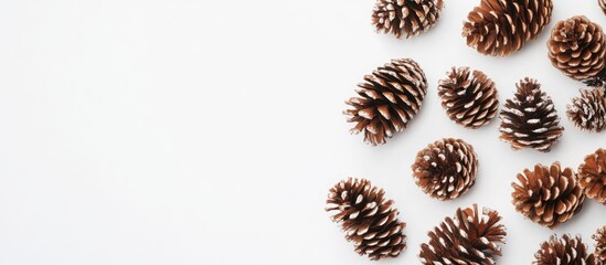 Poster - Decorative brown pine cones arranged on a white background ideal for modern interior designs and seasonal wreath ideas with copy space.