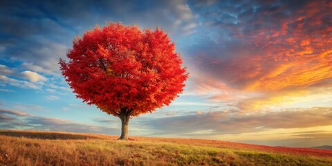 Wall Mural - A lone red heart-shaped tree stands majestically against a backdrop of autumn foliage, its branches stretching towards the sky like outstretched arms, nature photography, autumn trees