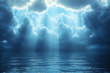 Poster - Majestic Clouds With Sunlight Piercing Through Over a Calm Ocean at Dawn, Creating a Serene Atmosphere