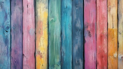Poster - Colorful rustic wooden wall texture with a vibrant palette of painted planks ideal for backgrounds and design elements.