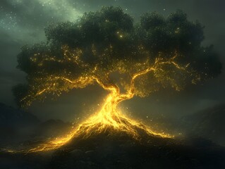 Poster - Enchanted Illuminated Tree with Glowing Roots and Leaves Against a Mystical Background under Starry Sky for Magical Nature Scene