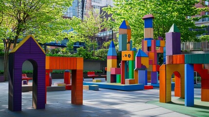 Poster - A whimsical block-building playground in a vibrant city park, Towers and structures in a playful array, Urban playground style