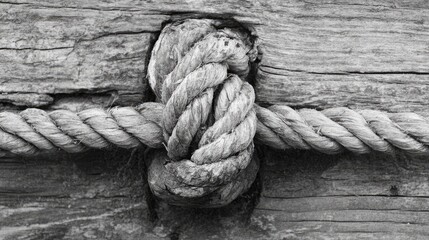 Poster - Textured gray wooden surface with a prominent knot and intertwined rope detail for rustic and natural design themes.