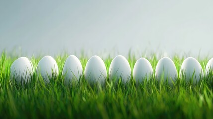 Poster - Row of White Easter Eggs Nestled in Fresh Green Grass Under Soft Morning Light