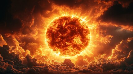 Aufkleber - Fiery celestial body erupts through dramatic clouds intense energy radiating outwards