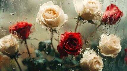 Poster - dewy window with beautiful white and red roses creating an abstract floral composition in a softly b
