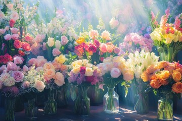 Poster - Colorful bouquets of roses, tulips, and daisies in bright natural light showcasing natures beauty and elegance. Generative AI