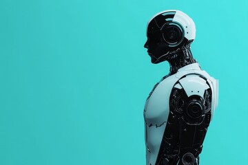 Poster - Futuristic Humanoid Robot Standing in Profile Against a Vibrant Turquoise Background With a Sleek Design and Advanced Features Showcasing Technology and Innovation