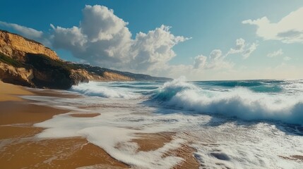 Poster - Dynamic ocean waves crashing on sandy beach under dramatic clouds and sunlight showcasing the power of nature and coastal beauty.