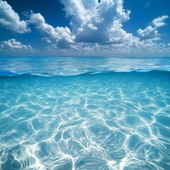 Wall Mural - Clear Turquoise Water Reflects Bright Clouds Under a Vibrant Blue Sky Near a Tropical Beach During Midday Sun