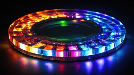 Poster - Colorful round glass light display illuminated against a black background showcasing vibrant reflections and intricate design details.
